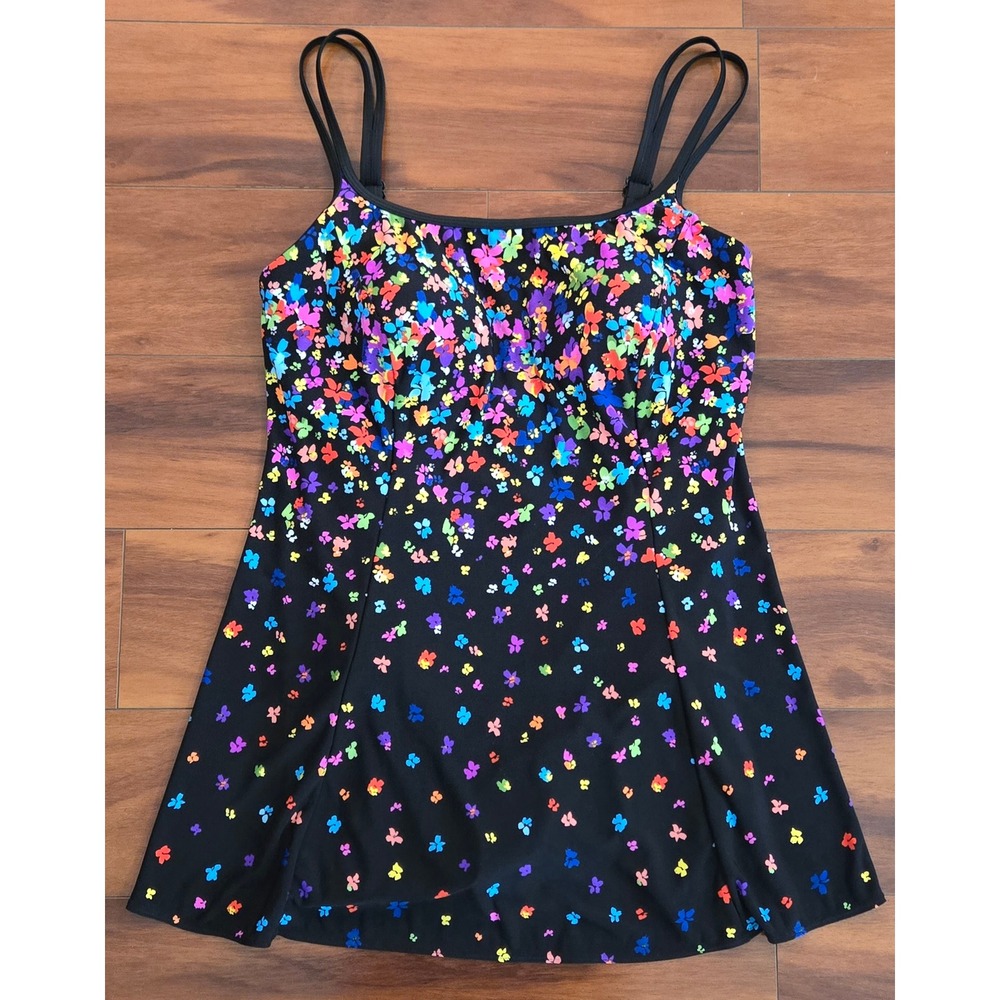 Great Lengths Black Floral One Piece Swimdress Built-in Bodysuit Womens Size 14